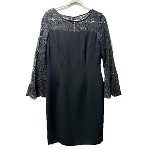 Talbots Womens Black Ponte Knit Sheath Dress Sheer Lace Sleeves lined  size 8